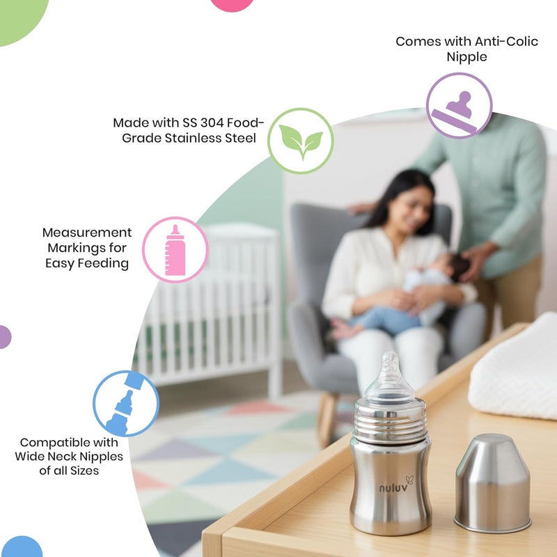 Nuluv Nourish+ Stainless Steel Wide Neck Feeding Bottle 125ml with Anti-Colic Silicone Nipple - Image 3